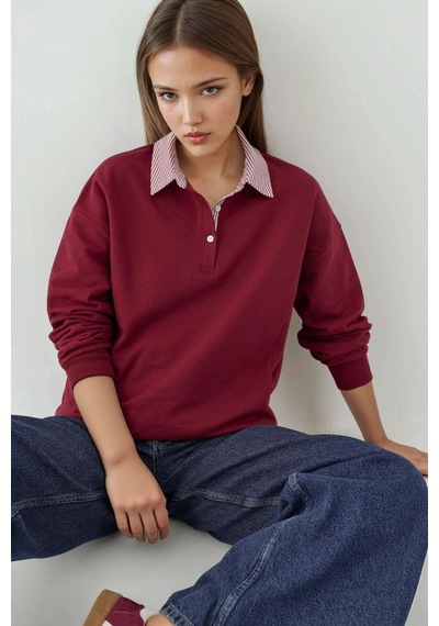Hiccup Dokuma Garni Detaylı Oversize Polo Yaka Sweatshirt Bordo Kırmızı