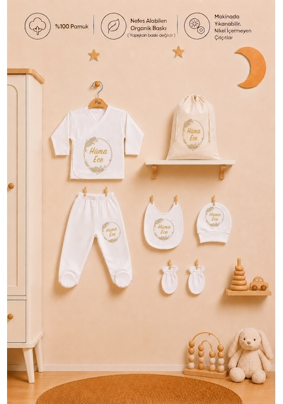 Pia Baby Kız Bebek Hastane Çıkışı İsme Özel 6'lı Zıbın Takımı %100 Pamuk Organik Baskılı Yeni Bebek Hediyesi 1066zk3x Ekru