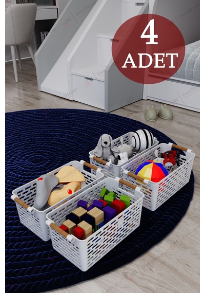 4 Adet Ahşap Saplı Görünüm Beyaz Renk Plastik Mutfak Banyo Eşya Organizer Sepet Düzenleyici Set Beyaz