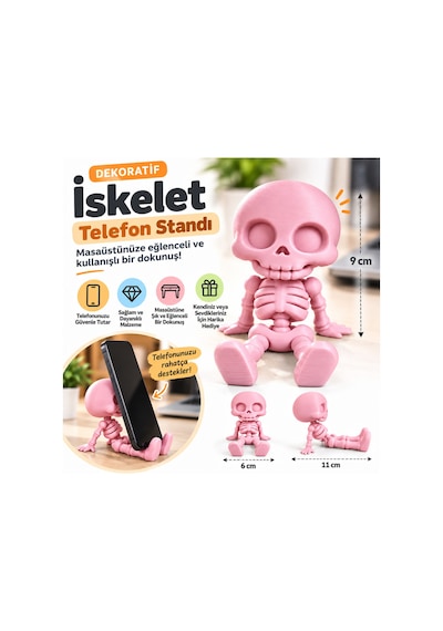 Sevimli İskelet Telefon Standı Dekoratif Masaüstü Telefon Tutucu - Pembe