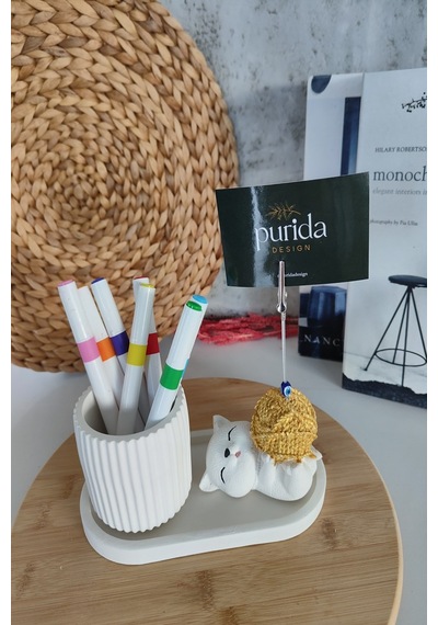 Dekoratif Sevimli Kedi Kalemlik Ve Notluk Seti Metalik