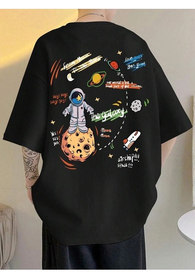 Flood Of Style Unisex Siyah Space Uzay Baskılı Oversize