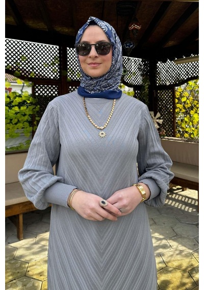 Rabia Şamlı Yağmur Triko Elbise Gri Normal