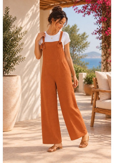 Palena Plnl6141 Doğal Müslin Kumaş Yumuşacık Salopet - Camel