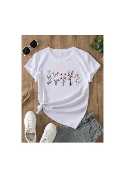 Medinenur Lavanta Desen Baskılı Basic T-shirt Beyaz