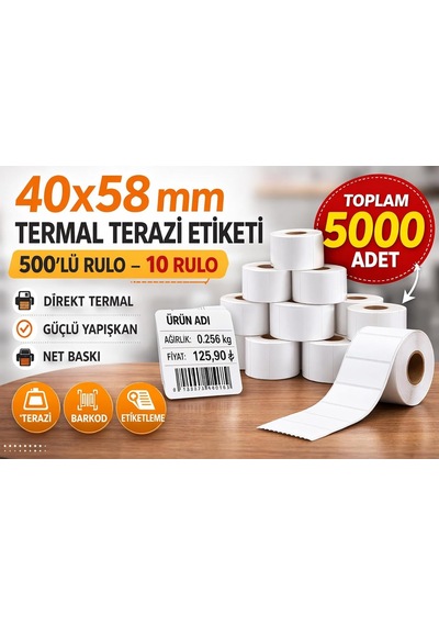 40x58 Mm Termal Terazi Etiketi 500 Lü 10 Rulo Toplam 5000 Adrt 40mm Kuka Diğer