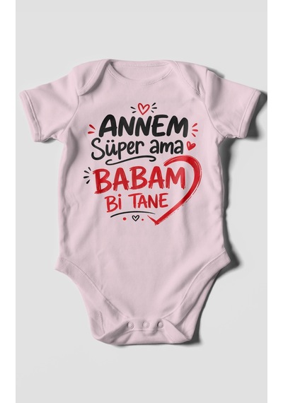 Morivokids Annem Süper Ama Babam Bi Tane Kısa Kollu Bebek Body %100 Pamuk Bebe Pembe