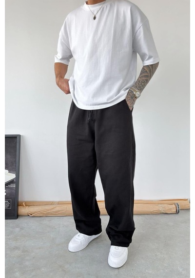 Siyah Basic Gabardin Baggy Pantolon