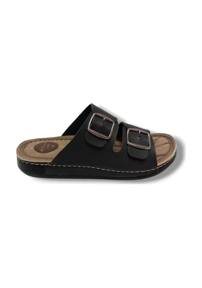 1055-4-25 Deri Anatomik Çift Bantlı Soft Erkek Terlik 45-47 Siyah