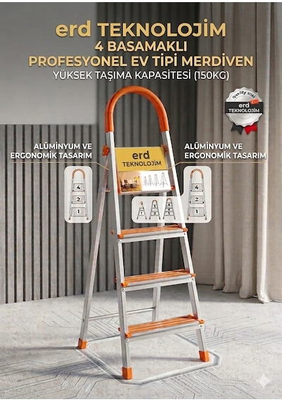 4 Basamaklı Profesyonel Ev Tipi Alüminyum Merdiven 150 Kg Taşıma Kapasitesi 4