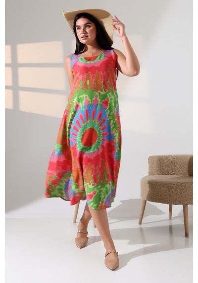 Likapa Yazlık Askılı Viskon Elbise 2691 Pembe Yeşil Batik
