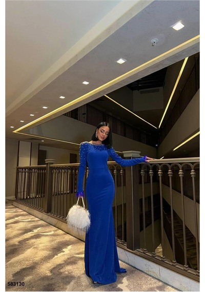DefyModa Kadın Krep Kumaş Degaje Yaka Dekolteli Abiye Elbise Saks