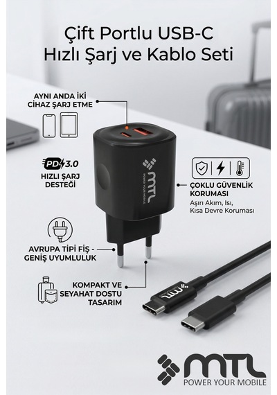 25w Pd + Usb Çift Çıkışlı Adaptör Ve Type-c Kablo Hızlı Şarj Seti Mt1725
