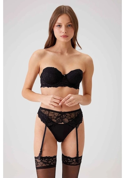 Pierre Cardin 4793 Siena Balenli Desteksiz Dantelli Çoraplı Jartiyer Sütyen Takım-siyah Siyah