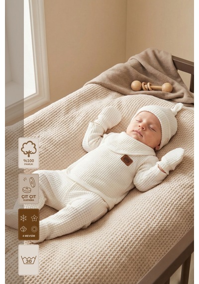 Minory Baby - %100 Pamuk 5'li Hastane Çıkışı Seti Yenidoğan 5'li Set Waffle Kumaş Battaniyesiz Ekru Ekru