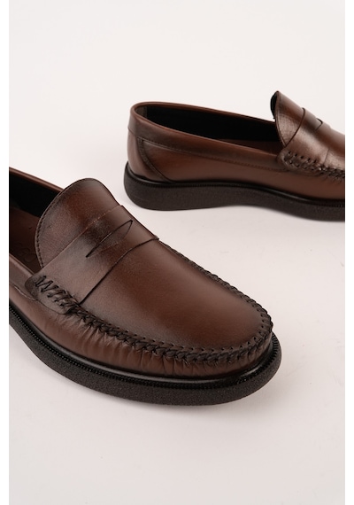 Muggo Gentz Hakiki Deri Rahat Taban Erkek Günlük Klasik Loafer Ayakkabı Kahverengi