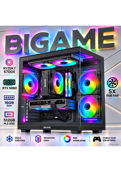 Bigame FORGE-V5 R7-5700x 16 GB 512 GB M2 SSD RTX5060 Free Dos Masaüstü Oyuncu Bilgisayarı
