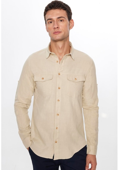 Tudors Erkek Slim Fit Dar Kesim Uzun Kollu %100 Pamuk Keten Doku Çift Cep Spor Yaka Taş Rengi Gömlek-29633 Taş