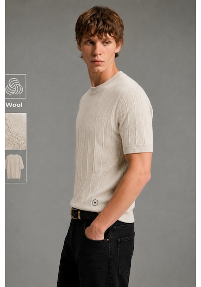 Cool Tarz Erkek Çizgili Triko Tişört Bisiklet Yaka Slim Fit Kısa Kollu Bej Bej
