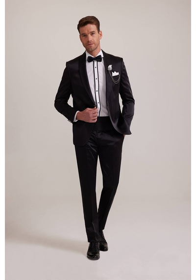 Ysf Erkek Siyah Slim Fit Şal Yaka Damatlık