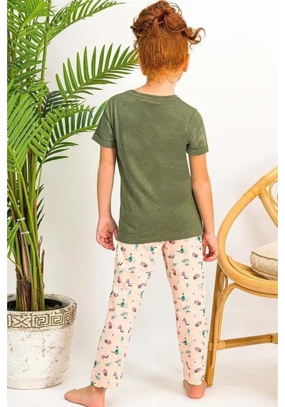 Arnetta Kız Çocuk Kısa Kollu Bisiklet Yaka Kaktüs Desenli Pijama Takım Haki