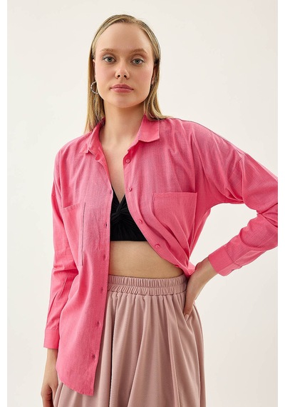 Vitrin Basic Oversize Önden Cepli Gömlek Fuşya
