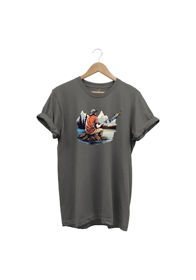 Fishing Balıkçılık Baskılı Olta Ile Alabalık Avı %100 Pamuk Regular Fit Gri T-shirt Gri