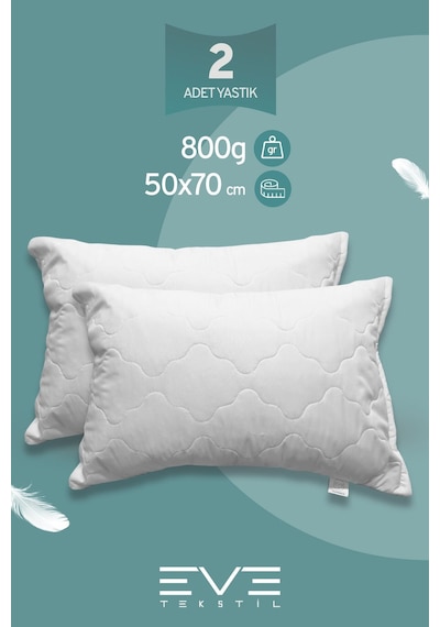 Eve Tekstil 2 Adet Diamant Plus Kılıflı Fermuarlı Yıkanabilir Antialerjik Silikon Elyaf Yastık 50x70cm 800 Gr Beyaz