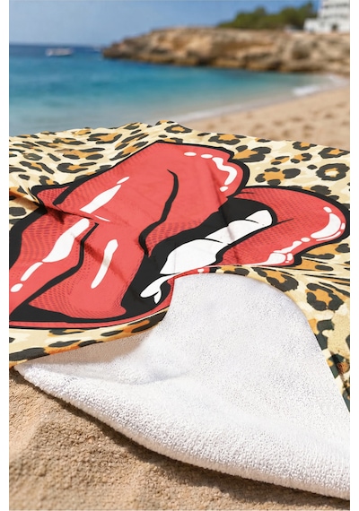 Leopar Dudak Figürlü Plaj Havlusu - Pop Art Modern Kırmızı Bej Havuz Deniz Hızlı Kuruyan Plaj Örtüsü Çok Renkli