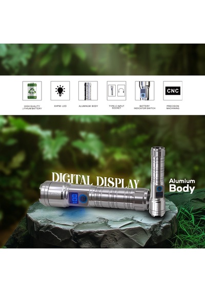 M06 Metal Kasa Uzun Menzil Profesyonel Led Fener 1800 Lümen 5000 Mah Zoom 4 Mod Dijital Ekranlı Usb Şarjlı Fener Powerbank Açık Gri