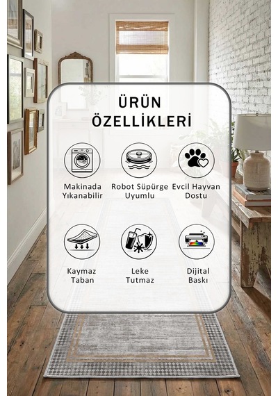 Vione Yıkanabilir Yolluk Açık Gri