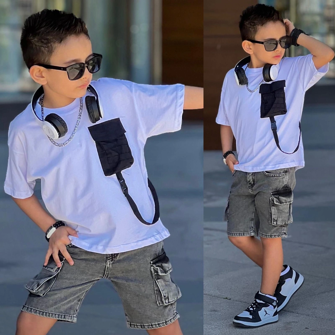 Cg Kids Paraşüt Cep Detaylı T-shirt Komando Cepli Jean Erkek Çocu Beyaz