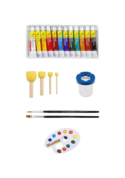 Fanart Academy Akrilik Boya Seti 12 Renk X 12ml Pon Pon Fırça Seti 4'lü Su Kabı Palet