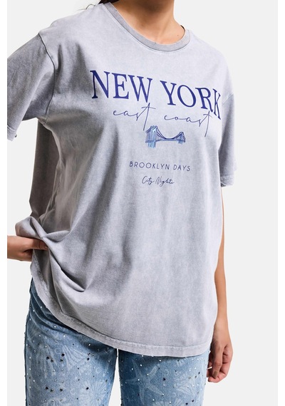 it's basic Kadın Antrasit S6-13 Oversize New York Baskılı T-shirt