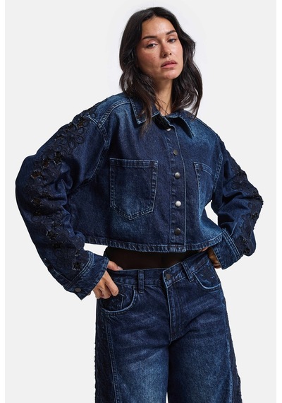 Kadın Koyu Kot 2w6-7 Dantel Nakış Detaylı Kemer Boy Özel Tasarım Denim Ceket