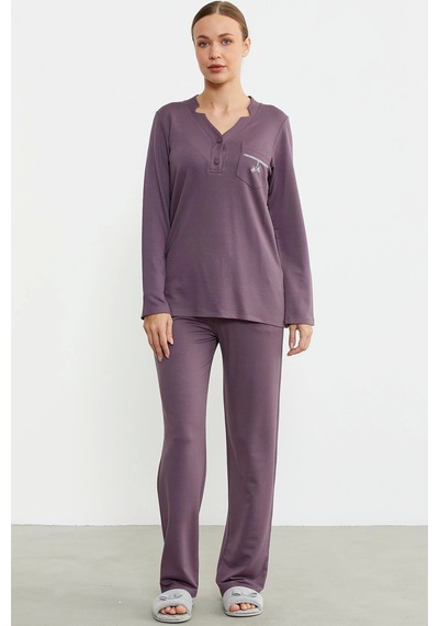 Feminight Sementa 76438 Yarım Düğmeli Cep Detaylı Pijama Takım Mor