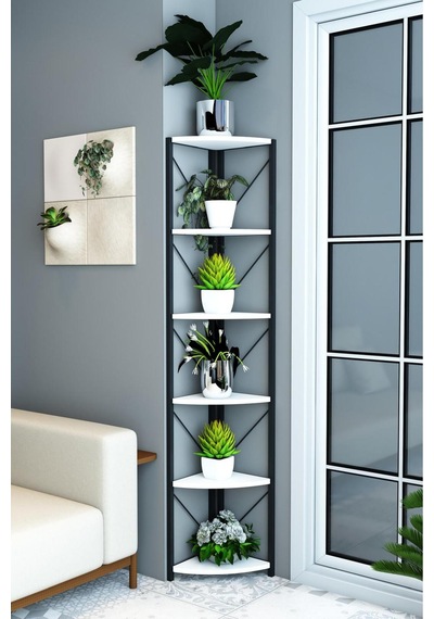 Datça 6 Raflı Metal Köşe Kitaplık Rafı Dekoratif Aksesuar Rafı 180 Cm Beyaz Beyaz