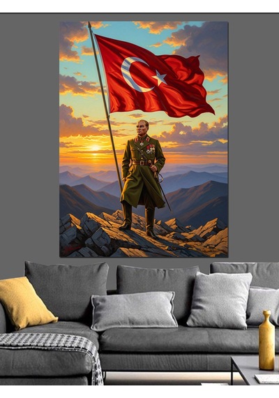 Türk Bayrağı Ve Atatürk Silüeti Dekoratif Kanvas - Mdf Ahşap Tablo
