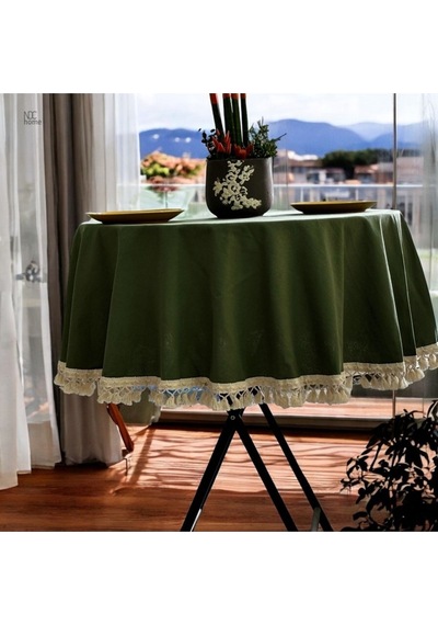 Dnc Home Tekstil  Premium Keten Haki Yuvarlak Ham Ponponlu Masa Örtüsü Haki