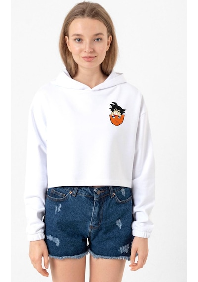 Dragon Ball Z Anime Son Goku Pocket Beyaz Optik Kadın Crop Kapşonlu 001