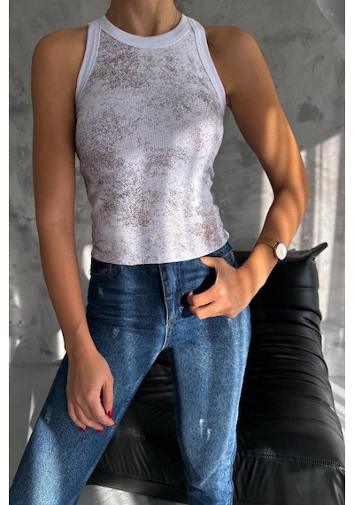 Balenbi Kadın Sim Baskılı Kolsuz Kaşkorse Body 1065 Beyaz 2