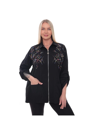 Lady Majestic Dokuma Motifli Pamuklu Büyük Beden Fermuarlı Desenli Gömlek Ceket 44-58 Beden Siyah Lady Majestic Dokuma Motifli Pamuklu Büyük Beden Fermuarlı Desenli Gömlek Ceket 44-58 Beden Siyah