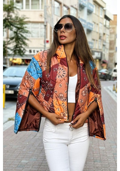 Keyifli Moda Kadın Kahverengi Desenli Kapüşonlu Kolları Fermuarlı Kısa Şişme Mont - S-m Kahverengi