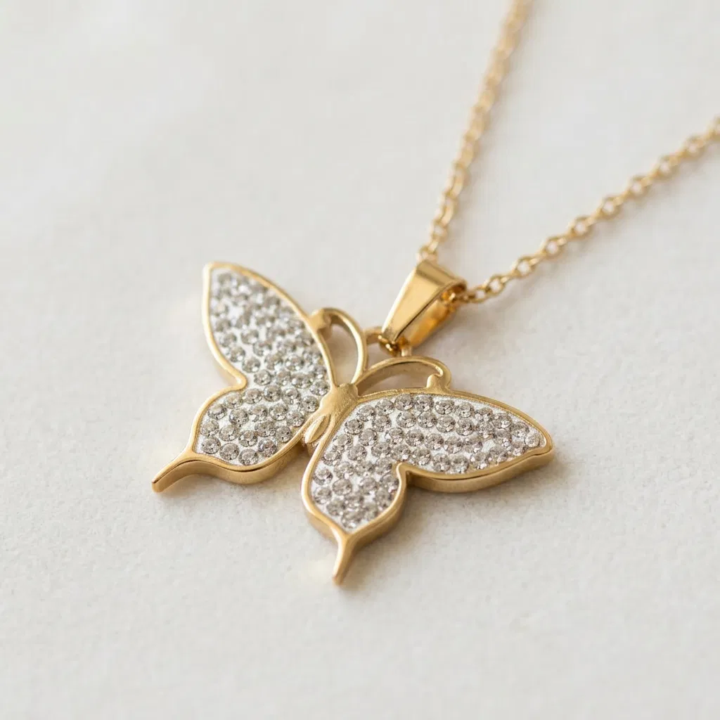 Kelebek Figürlü Taşlı Gold Renk 316l Çelik Kadın Kolye