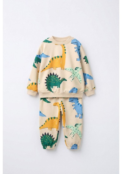 Mila Mood Erkek Çocuk Dinozor Desenli Sweatshirt Jogger Pantolon 2 Li Takım Krem