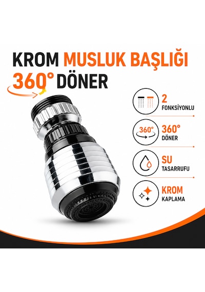 Krom 2 Fonksiyonlu 360 Döner Mutfak Musluk Başlığı Su Tasarruflu Musluk Ucu Aparatı Lavabo Batarya Başlığı Sıçrama Önleyici Musluk Aparatı 1