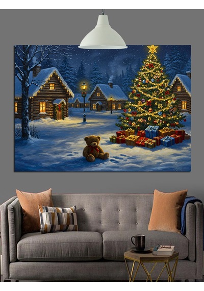Karlı Kış Evi Ağaç Noel Dekoratif Kanvas - Mdf Ahşap Tablo