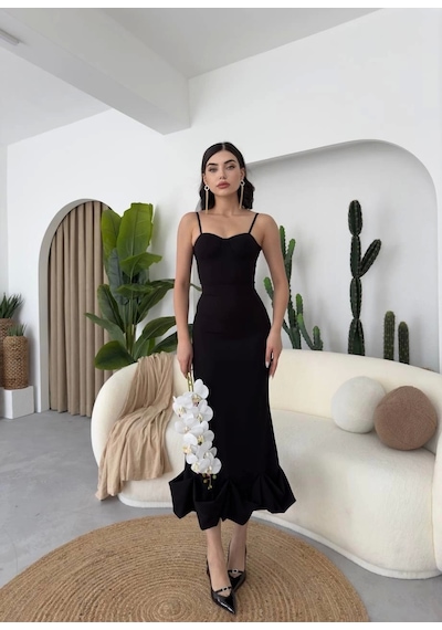 Defymoda Dominic Eteği Büzgülü Midi Boy Elbise Siyah