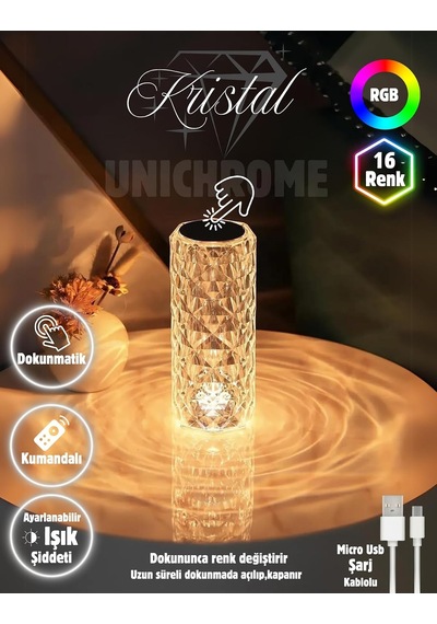 Kristal Elmas Led Dokunmatik Sensör Usb Şarjlı Masa Lambası Rgb Gece Lambası Diğer