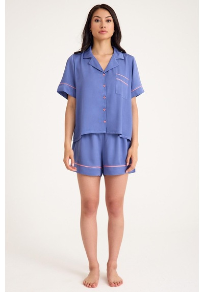 Amarelle Dream Mavi/pembe Kısa Kollu Şortlu Önden Düğmeli 4 Parça Pijama Takım Set Mavi/pembe